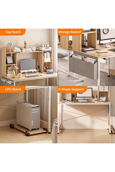 Venpara Study Desk with Bookshelf, Large Office Desk, Computer Table with Storage Bag & CPU Stand