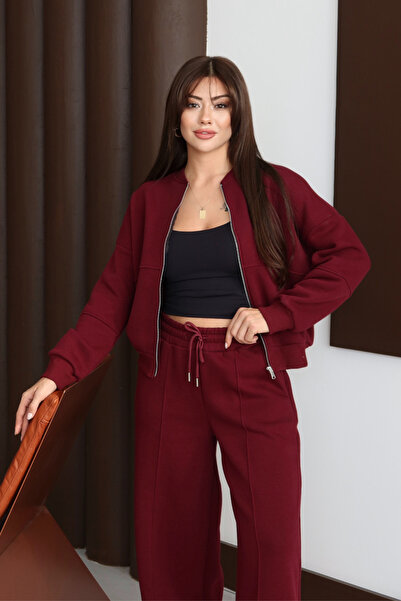 Mogi Butik Women's 3 Thread Fleece Lined Robe Bomber Jacket Palazzo Suit 3130