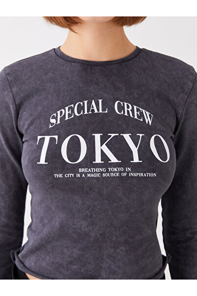 LC Waikiki Black Crew Neck Printed Long Sleeve Women's Crop