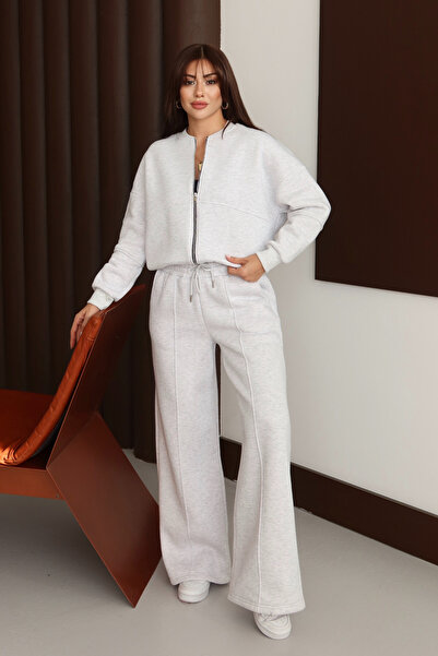 Mogi Butik Women's 3 Thread Fleece Lined Robe Bomber Jacket Palazzo Suit 3130