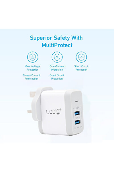 login LNB866HC Dual USB 3.1A UK Plug Home Charger with Multi Cable for Phones and Tablets