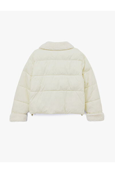 Koton Long Sleeve Faux Fur Collar Zipper Pocket Quilted Jacket