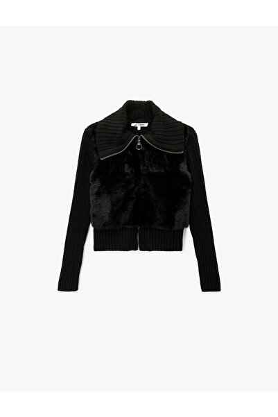 Koton Slim Fit Uzun Kollu Dik Yaka Fermuarlı Suni Kürklü Hırka