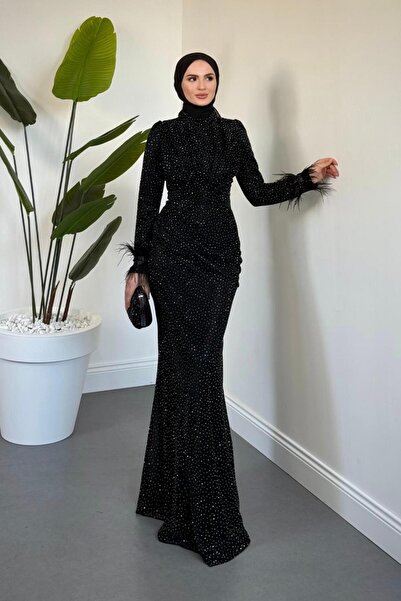 MERVEN AKYÜZ Zuelia Taşlı Kuyruklu Balık Abiye Siyah