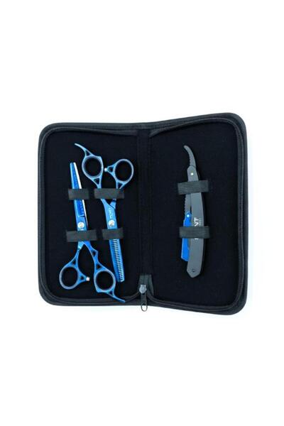 Point Profesyonel Çantalı 3'lü 6 İnç Düz Makas Ara Makas Ustura Seti Blue Mavi