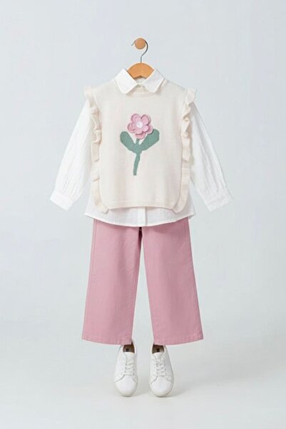 Minigimin Cicileri مجموعة ملابس للفتيات من Miniğimin مكونة من 3 قطع، سترة تريكو بنقشة الزهور مع بنطلون - لون وردي مجفف