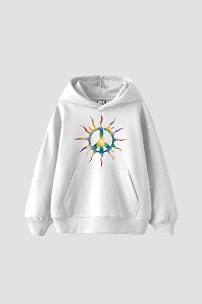 Sekizbiraltı Peace Printed Oversized Unisex White Hoodie