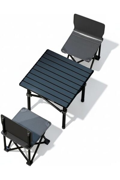 Yuwell طاولة تخييم محمولة قابلة للطي من يو ويل مع كرسيين، ألومنيوم، 53×50×50 سم، أسود