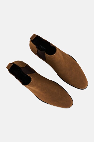 Asos Design Men Slip On Faux Suede Chelsea Ankle Boots, Dark Tan