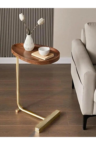 BEC60 طاولة أريكة جانبية C-Shape مودرن – سطح خشب مع قاعدة معدنية