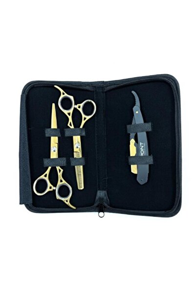Point Profesyonel Çantalı 3'lü 6 İnç Düz Makas Ara Makas Ustura Seti Gold Altın