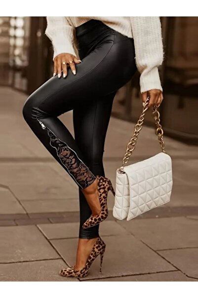 Kanonik Education Women's High Waist Side Slit Lace Detailed Leather Leggings