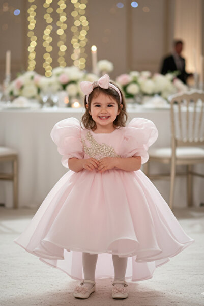 Bertuğ Bebek Pink Organza Girls' Baby Tailing Fluffy Evening Dress