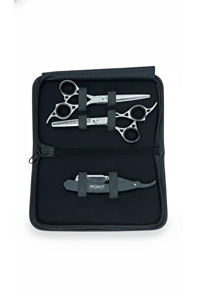 Point Profesyonel Çantalı 3'lü 6 İnç Düz Makas Ara Makas Ustura Seti Silver Gümüş
