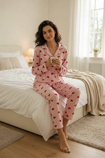 Fulla Moda Heart Patterned Polo Neck Buttoned Pajama Set