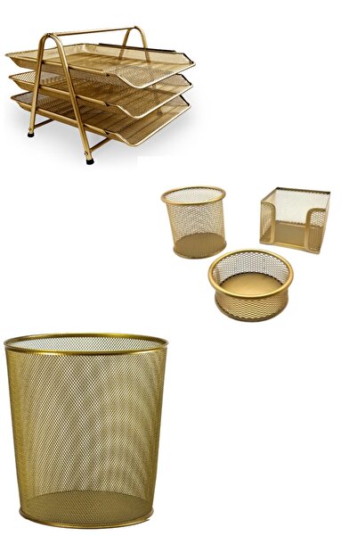 GENC DIJITAL BASKI Set de birou din metal auriu (suport pentru documente cu 3 niveluri, suport pentru stilouri, agrafă, coș de gunoi)