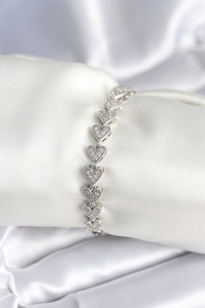 STİLLOVE Brass Silver Color Heart Model Women's Bracelet