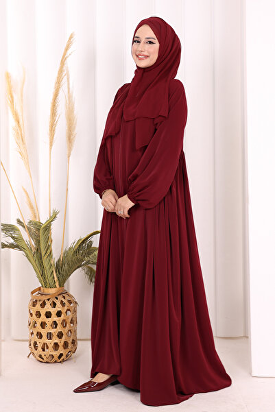Bym Fashion Oval Gathered Sleeve Cuffs Elastic Zippered Full Length Ferace 6005 Claret Red