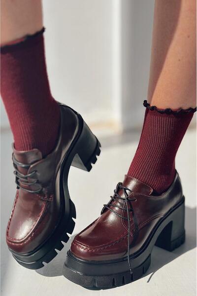 I Love Shoes Sapetos Kalın Taban Topuklu Kadın Loafer Bordo Mat Rugan