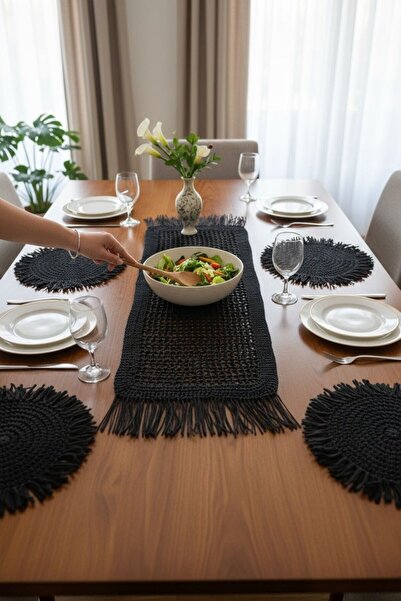 ANJEAHOME Ronse 6-Piece Black Tasseled Handcrafted Table Runner Set with Tassel Detail | Stylish Tableware