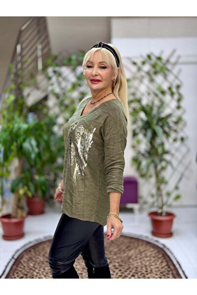 Punta Otantik Yg11716 Leopard Printed Self Patterned Italian Knitwear Blouse Green