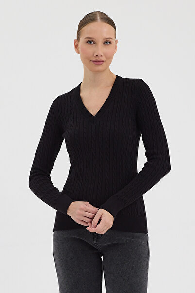 hateko Women's Pure 100% Cotton Black V-Neck Hair Knit Sweater – Knitted Pattern