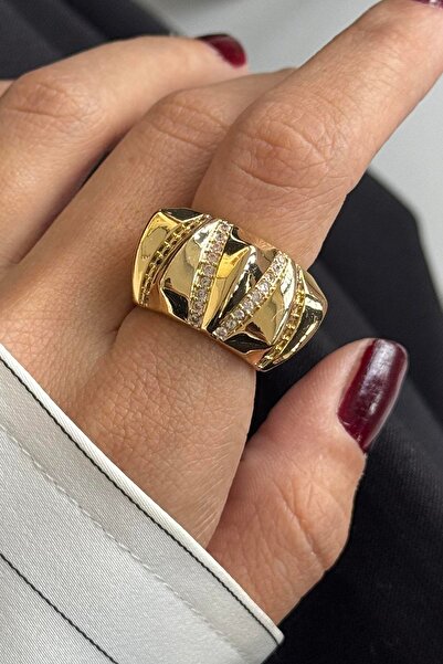 TAKIŞTIR Adjustable Steel Ring with Gold Color Stone Detail