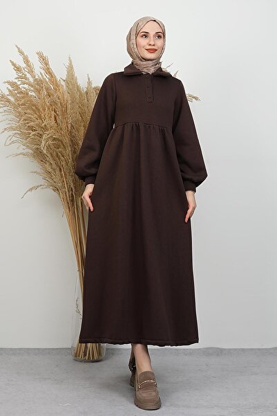 GİYZAMİLA Şevval Buttoned Dress Bitter Brown