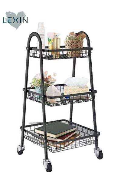 Lexin 3-Tier Mesh Metal Utility Cart with Handle and Lockable Wheels, Black