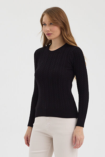 hateko Women's Pure 100% Cotton Black Crew Neck Hair Knit Sweater – Knitted Pattern