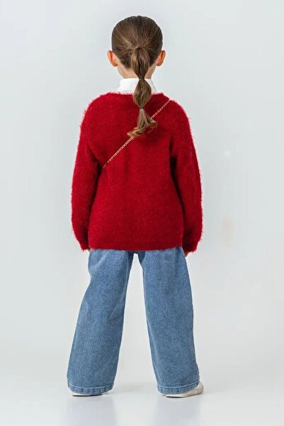 Minigimin Cicileri My Little One's Soft Textured Heart Detailed Cardigan and Wide Leg Jean Girls' Combination - Red