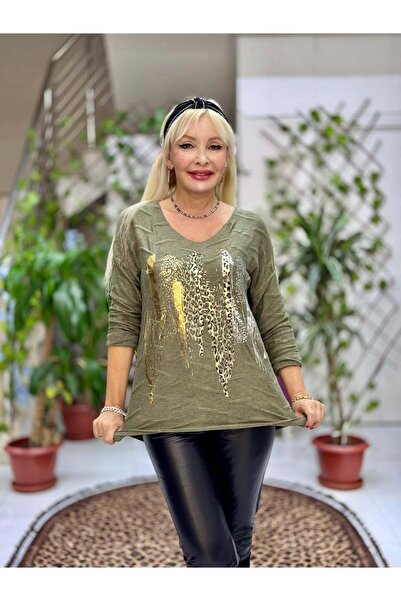 Punta Otantik Yg11716 Leopard Printed Self Patterned Italian Knitwear Blouse Green