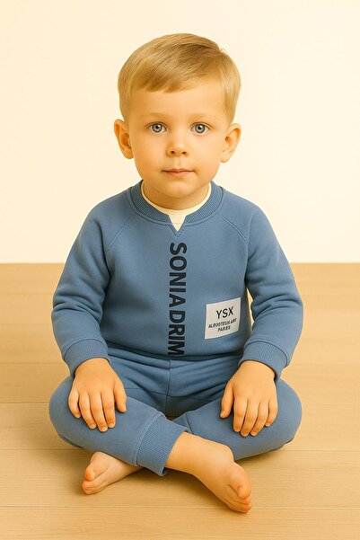 RAPAPA Boy's 3 Thread Ş Fleece-Lined Blue B Printed Tracksuit Set 10725m