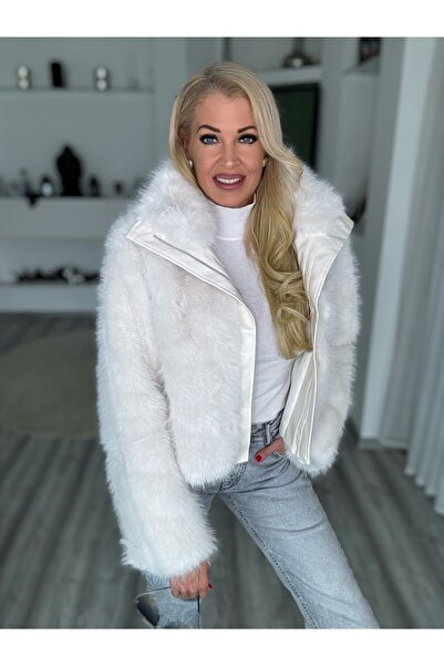 OEM Faux fur coat, with zipper, made of eco-leather, elegant and warm, ivory, M/L