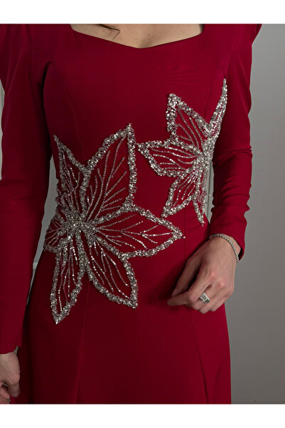 dantil embroidered red dress