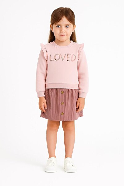 RAPAPA Loved Embroidered Pink Fleece-Lined Top & Velvet Buttoned Skirt Girls' Set 10758