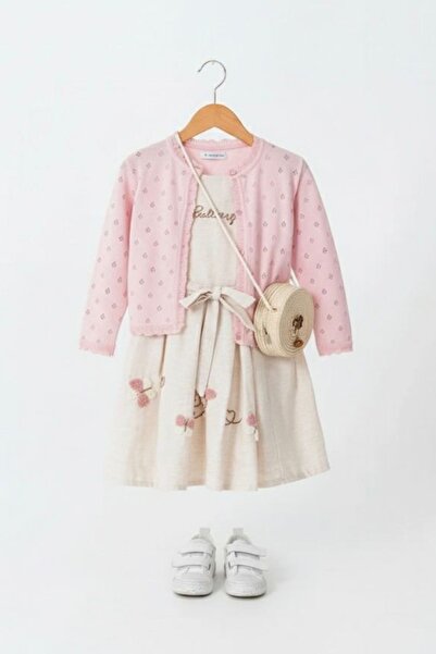 Minigimin Cicileri My Little Girl's Butterfly Embroidered Detailed Bag Dress and Red Cardigan Girl's Combination - Pink