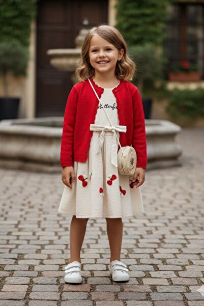 Minigimin Cicileri My Little Girl's Butterfly Embroidered Detailed Bag Dress and Red Cardigan Girl's Combination - Red