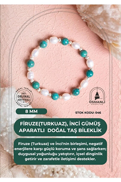 OSMANLI DOĞAL TAŞ Certified Turquoise (Turquoise), Natural Stone Bracelet with Pearl Silver Apparatus (Sk:046)