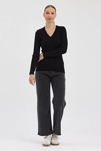 hateko Women's Pure 100% Cotton Black V-Neck Hair Knit Sweater – Knitted Pattern