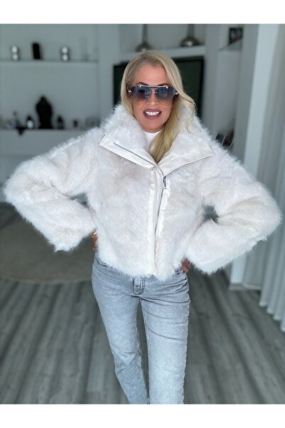 OEM Faux fur coat, with zipper, made of eco-leather, elegant and warm, ivory, M/L