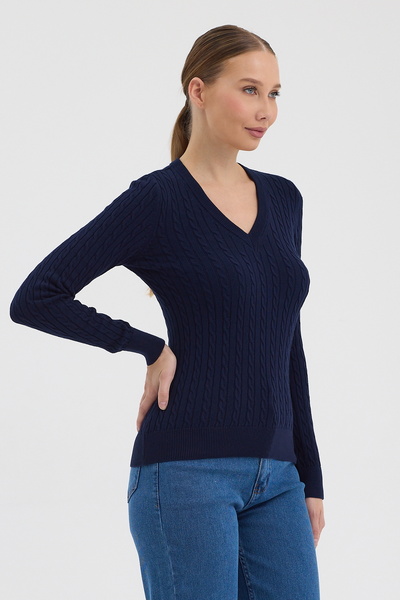 hateko Women's Pure 100% Cotton Navy Blue V-Neck Hair Knit Sweater – Knitted Pattern