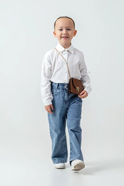 Minigimin Cicileri My Little One's Soft Textured Heart Detailed Cardigan and Wide Leg Jean Girls' Combination - White