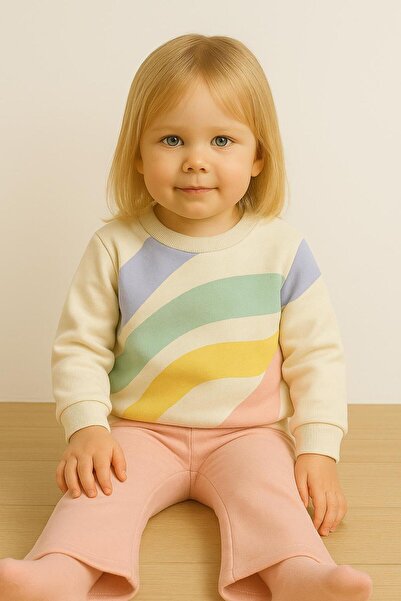 RAPAPA Girl's 3 Thread Ş Fleece-Lined Pastel Patterned Sweatshirt and Pink Leggings Set 10769 Somon