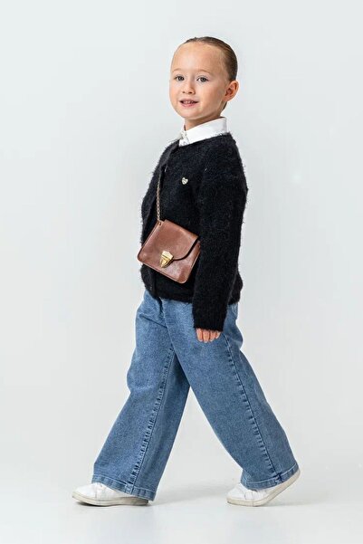 Minigimin Cicileri My Little One's Soft Textured Heart Detailed Cardigan and Wide Leg Jean Girls' Combination - Black