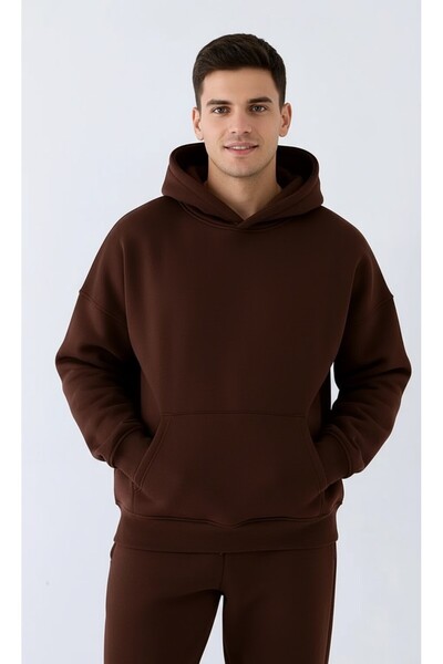 525 Erkek Kahverengi Oversize Hoodie Sweatshirt