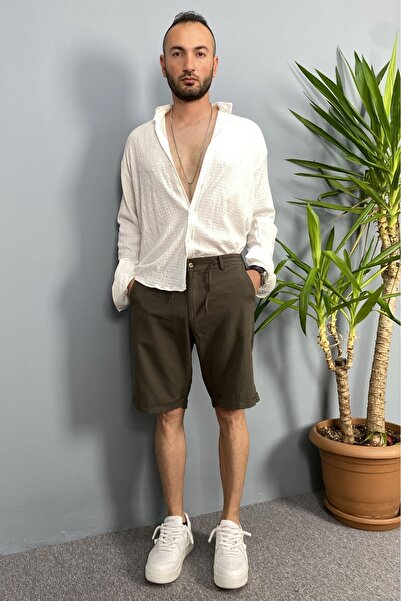 Alışveriş Sokağı Khaki Linen Shorts with Elastic Waist and Drawstring