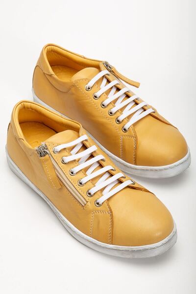 Hayalimdeki Ayakkabı Women's Yellow Genuine Leather Side Zipper Lace-Up Sneakers