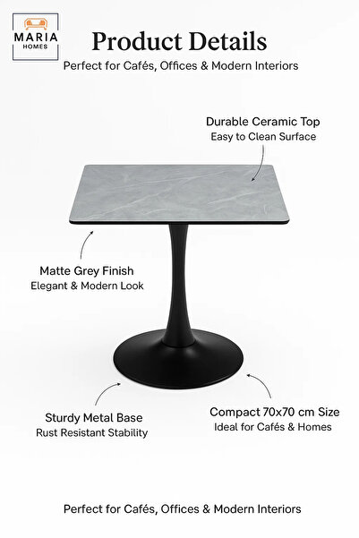 MARIA HOMES Rectangular Grey Dining Table – Modern Café, Restaurant, Office & Home Metal Furniture 70×70 cm