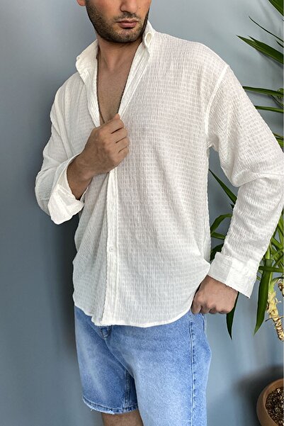 Alışveriş Sokağı Crinkle Fabric Oversized Soft Textured Blue Shirt